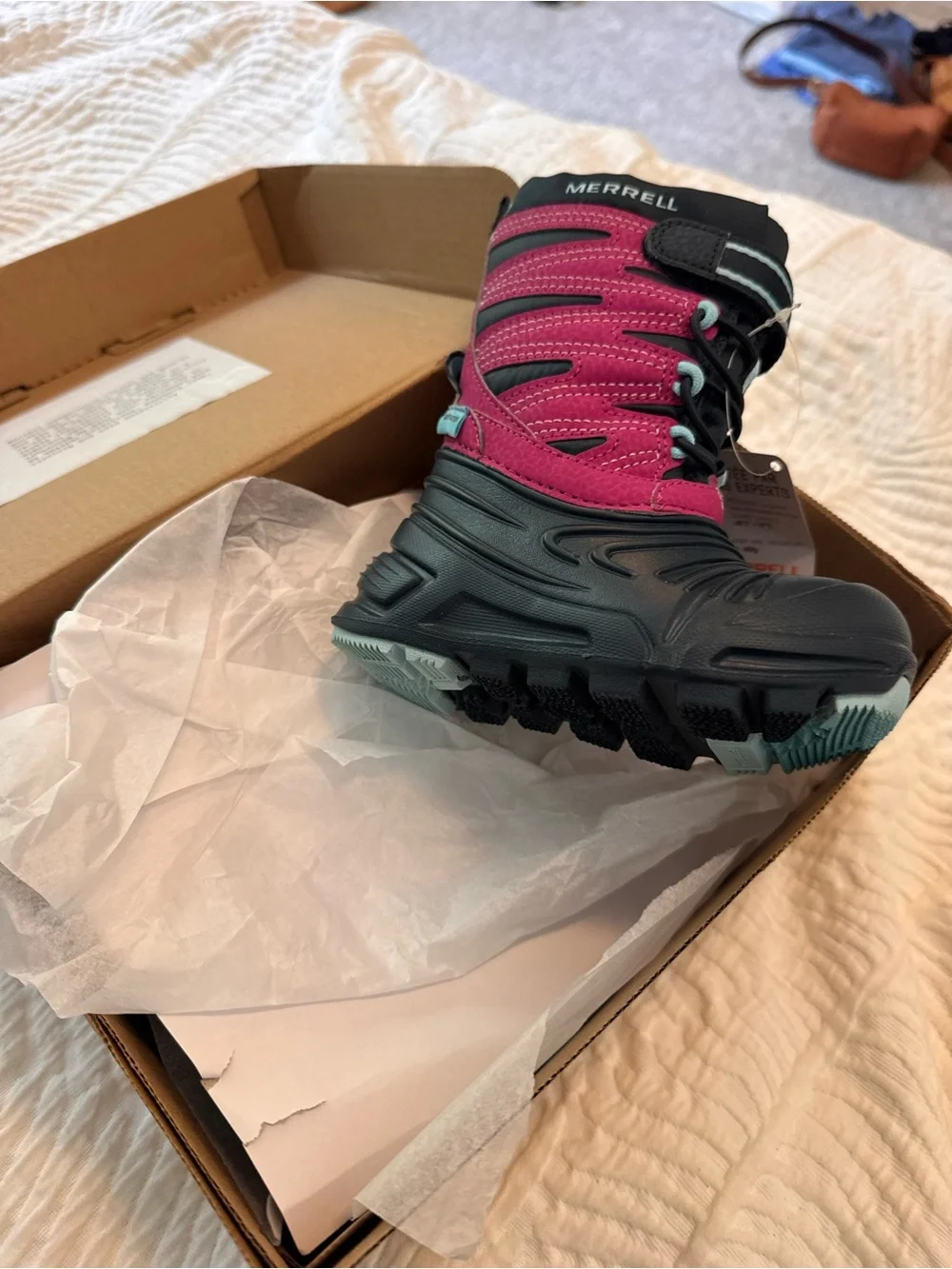 Merrell Kids Black and Pink Insulated Snow Boots with Hook-and-Loop Strap
